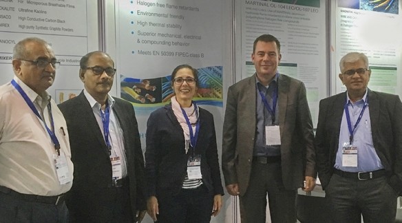 At Wire and Cable India in Mumbai, Huber | Martinswerk partnered with distributor Sharda Enterprises in hosting a successful stand. Pictured are (from left) 